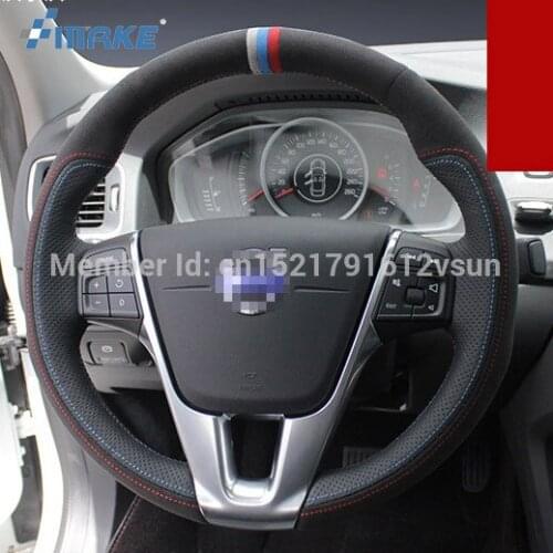 For Volvo s60l High Quality Hand-stitched Anti-Slip Black Leather Black Suede Red Blue Thread DIY Steering Wheel Cover