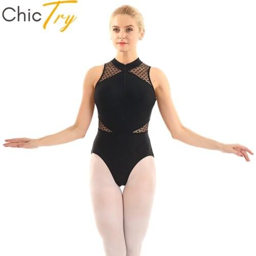 ChicTry High Neck Sleeveless Mesh Splice Front Zipper Gymnastics Leotards for Women Ballet Costume Bodysuit One-piece Dance Wear