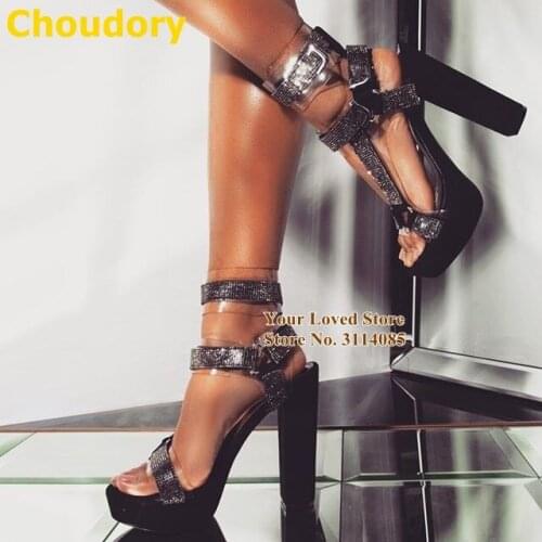 Choudory Black Gold Chunky Heels Bling Bling Crystal Gladiator Sandals Clear PVC Metal Buckle Embellished Wedding Dress Shoes