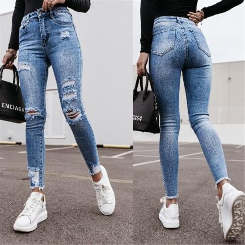 Blue Ripped Jeans for Women 2021 Street Style Sexy High Waist Trouser Stretch Skinny Hole Slim Denim Pencil Pants Streetwear