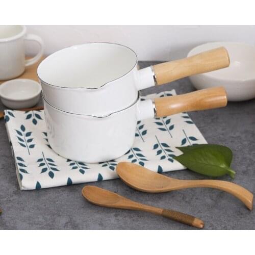 Enamel auxiliary food pot single wooden handle milk breakfast pot Japanese porcelain enameled rice soup small stew pan