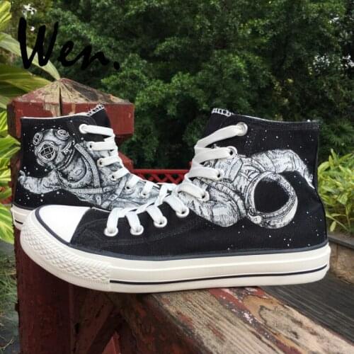 Wen Astronaut Outer Space Oceanaut Ocean High Top Canvas Design Hand Painted Shoes Black Sneakers Adults for Men and Women
