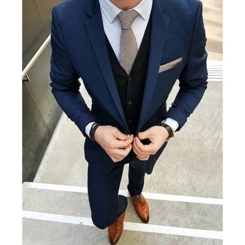 Fashion Custom High Quality Dark Blue Men Suits Slim Fit Groom Tuxedo For Wedding Travel Party Male Clothing (Jacket+Pants+Vest)