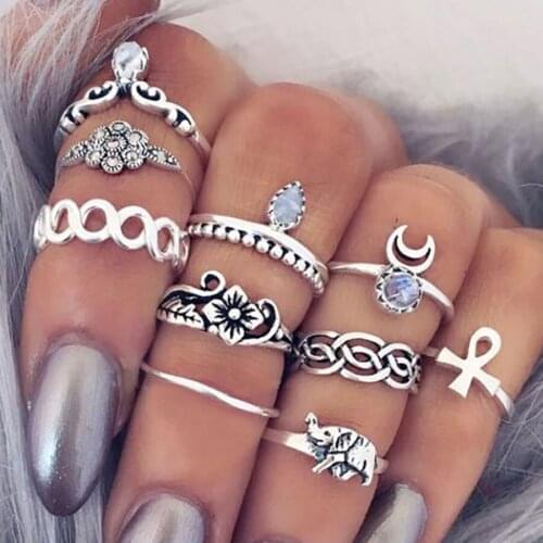 Vintage Boho Finger Ring Set 10pcs/lot Fashion women 2017 Elephant Moon Midi Ring Anillos Silver Color for party turkish jewelry