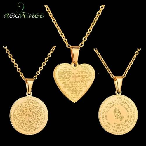 Nextvance Stainless Steel Praying Hands Bible Verse Necklace Religious Round Protection Medal Necklaces For Women Men Jewelry