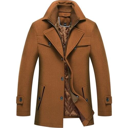 Nice New Winter Mens Double Collar Wool Blends Coats Plus Cotton Thick Solid Color Warm Woolen Jackets Men Casual Outwear Coat