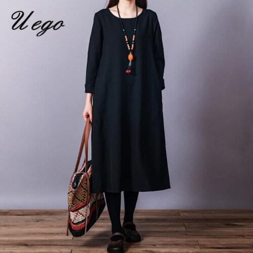 2021 New Arrival Solid Color Linen Cotton Spring Dress Long Sleeve Vintage Autumn Dress Plus Size Women Casual Midi Dress