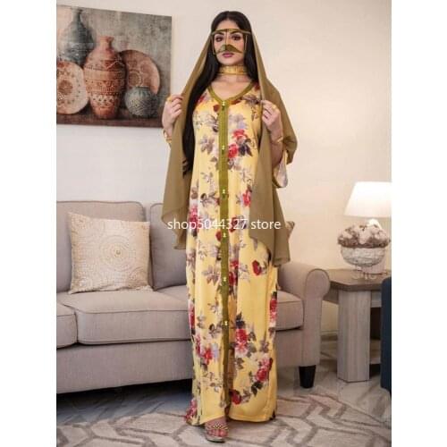 Eid Ramadan Mubarak Floral Print Dubai Abaya Dress Jalabiya Muslim Women Ethnic Kaftan Robe Muslim Islam Arabic Clothing Yellow