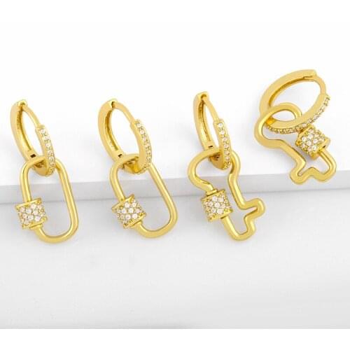 FLOLA White Stone Oval Earrings For Women Small Key Drop Earrings Huggies Carabiner Screw Lock Clasps Gold Jewelry Gifts ersv58