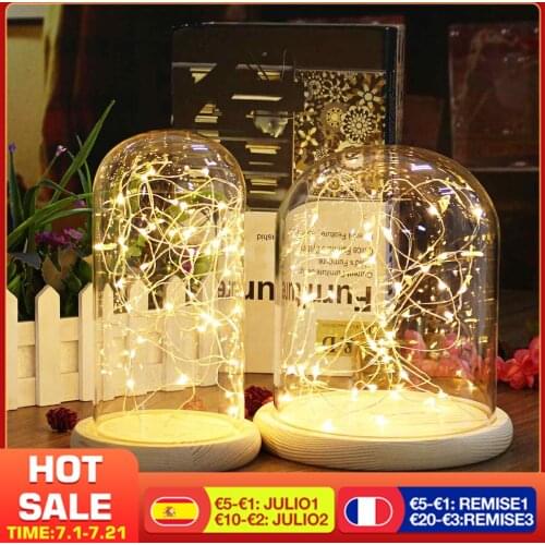 Glass Dome Bell Jar Cloche Display Wooden Base 20 LED Fairy String Light Home Decor Bedroom Desk Night Light for Christmas Gift
