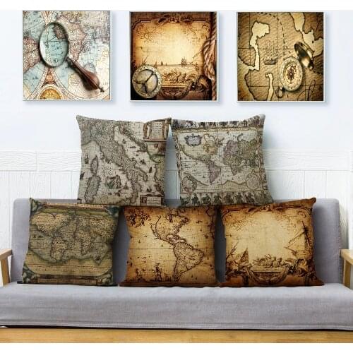Vintage Old Map Print Cushion Cover Beige Linen Pillowcase 45*45cm Square Throw Pillows Covers Car Sofa Home Decor Pillow Case