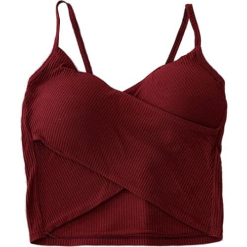 Sexy Criss-Cross Wrap Front Camisole Women V-Neck Ribbed Spaghetti Strap Crop Top Solid Color Push Up Padded Bralette Basic Vest