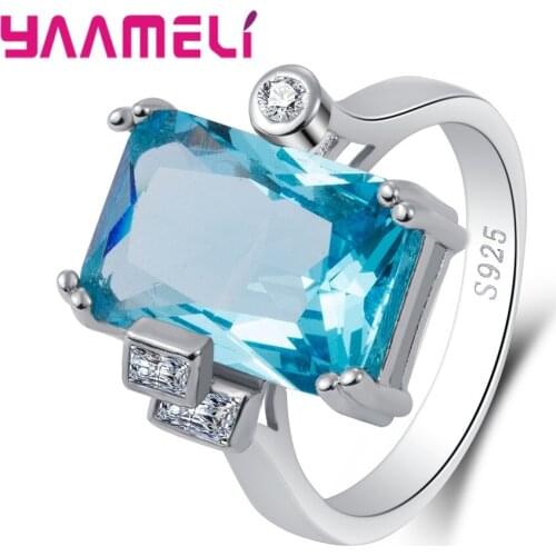 Popular Rectangle Shape Design Lake Blue Cubic Zirconia Finger Rings Real 925 Sterling Silver Jewelry For Women Crystal