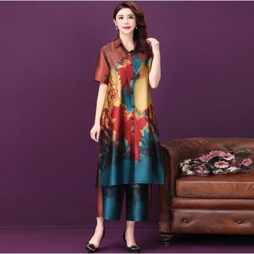 2 Pieces Autumn National Printed Loose Women Elegant Nine Minute Wide Legged Trousers Female Sunscreen Cardigan Mother Set