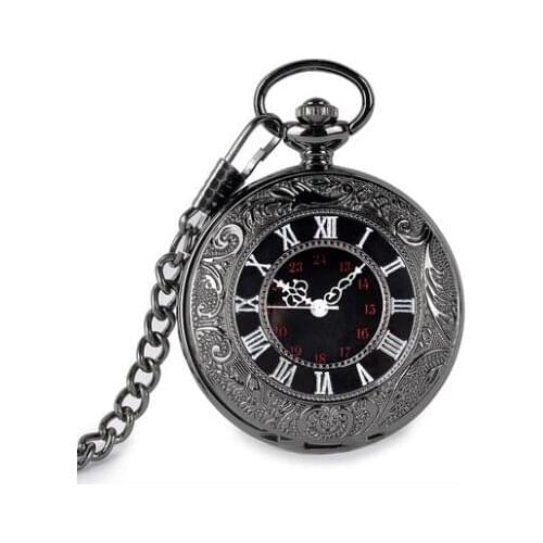 50pcs/lot Hot Sell Black Roman Dial Quartz Pocket Watch Watches Mens Watch with Chain Christmas Gift Watches