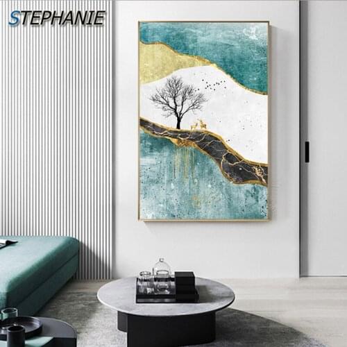 Abstract Green Canvas Art Nordic White Blue Poster and Print Gold Tableaux Wall Pictures for Living Room Fashion Home Decoration
