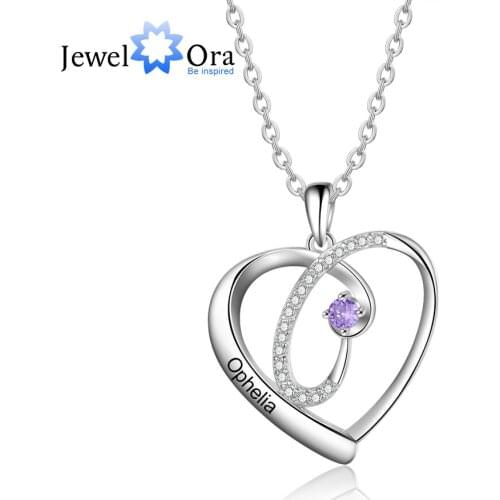 JewelOra Designer Personalized 12 Colors Birthstone Necklaces for Women Customized Name Engraved Heart Pendant Necklace Jewelry