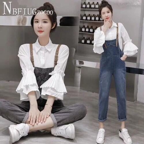 2020 Korean Loose Women Sets Flare Sleeve Blouse And Denim Suspender Pants Female Sets