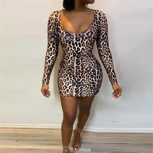 Fashion Bandage Party Club Bodycon Slim Mini Dress Women Sexy Leopard Backless Casual Long Sleeve Cocktail