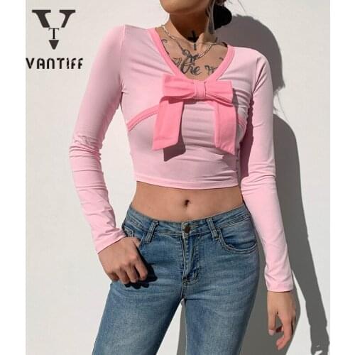 Fashion Women Tops Long Sleeve T-Shirt Womens New Bow Stitching Tight V-neck T-Shirt Top Woman Tshirts for Female Streetwear