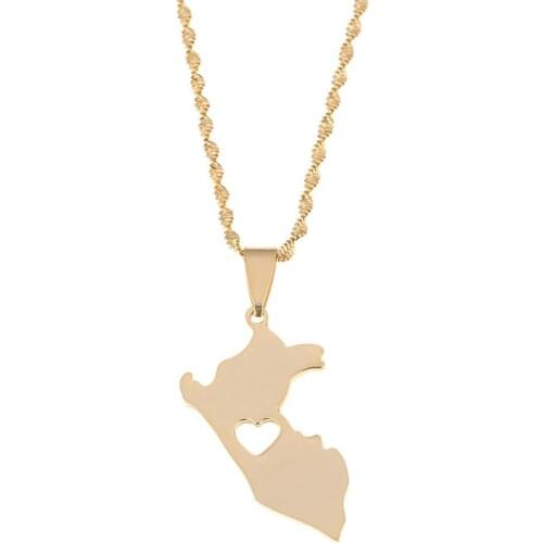 Stainless Steel Gold Color Peru Map Pendant Necklaces Trendy Map of Peruvian Heart Chain Jewelry
