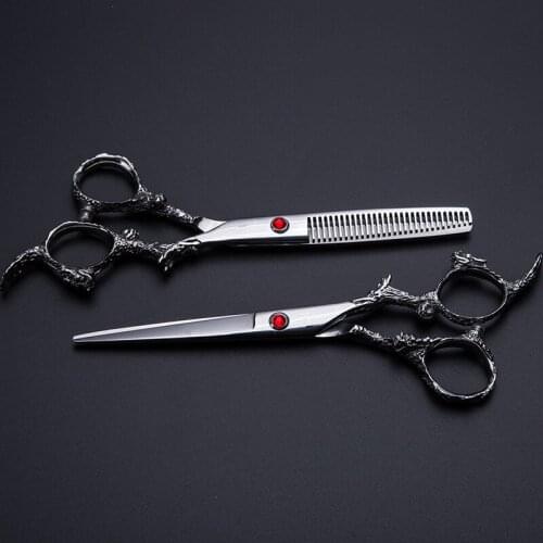 Professional 6 inch 440C steel dragon hair scissors bag set cutting scissor barber thinning shears scisors hairdressing scissors