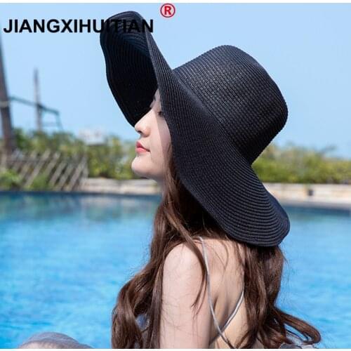 2019 simple Womens white hat summer black oversized sunbonnet beach cap womens strawhat sun hat summer hat 56-58cm