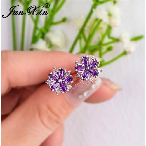 Charm Purple Snowflake Stud Earrings For Women Silver Color Rainbow Crystal Flower Wedding Ear Studs Zircon Piercing Jewelry