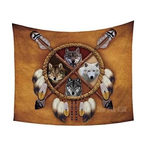 Wolves Dreamcatcher Tapestry Brown Gold Wall Hanging For Bedroom Decor