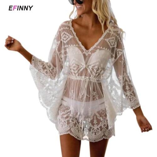 Womens Lace Mesh Embroidered Bikini Outer Blouse Sunscreen Holiday Beach Skirt Summer Wear Black/White Blouses 2021 New