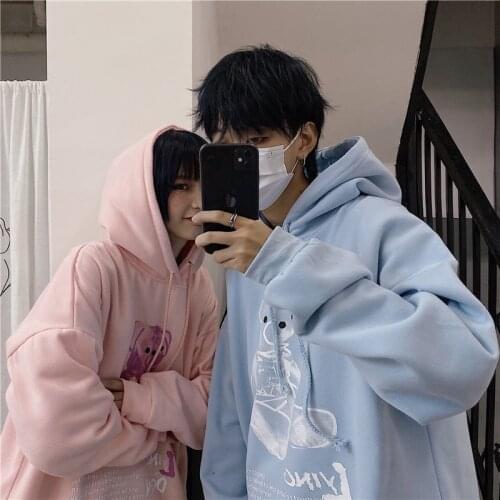 Cartoon Couple Bear Hoodie Streetwear Hip Hop Women Amine Sweatshirts Casual Autumn High Street Hoodies Funny Harajuku Tops Male