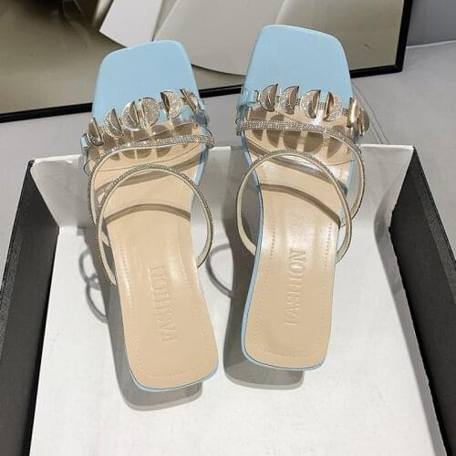 Newly Arrived Block Heel Sandal Shoes Women Heels Slippers Summer Fashion Casual Crystal High Heel Slipper for Woman 2021