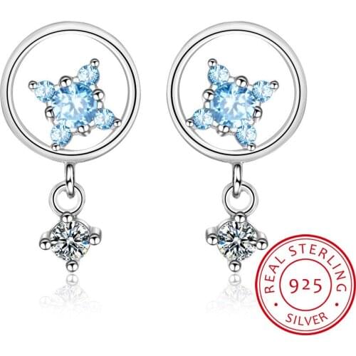 Sweet Fresh Circle Silver 925 Jewelry Gemstones Earrings for Women Little Star Aquamarine Ear drops Students Dating