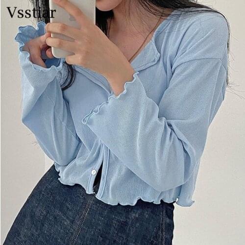 Vsstiar Button Up Cotton Crop Tops Summer Women 2021 Fashion Long Sleeve Knitted Solid Clothes Street Casual Ladies Tees Shirts