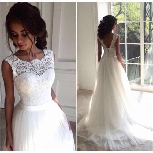 2020 Scoop Neck A Line Lace Applique Beach Wedding Dress Simple Bridal Gown Tulle Skirt Court Train vestido de noiva