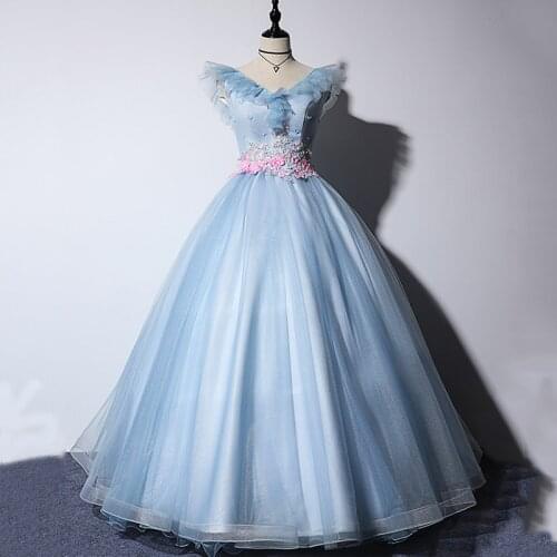 Fashion Sweet Appliques Quinceanera Dresses Elegant Light Blue V-neck Ball Gown Vintage Sleeveless Party Prom Formal Dress