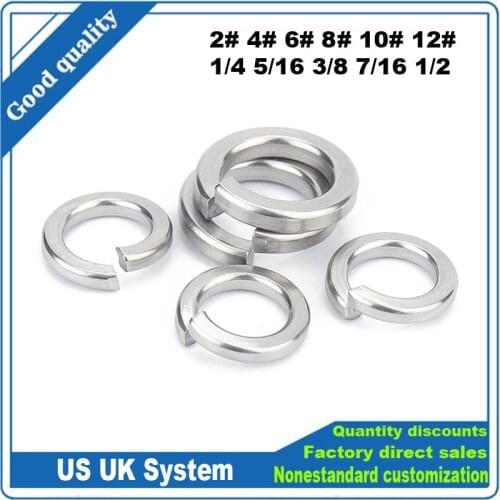 10/100pc 2# 4# 6# 8# 10# 12# 1/4 5/16 3/8 7/16 1/2 304 A2 Stainless Steel US UK Standard Spring Washer Split Lock Elastic Gasket