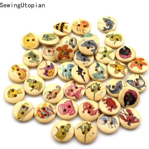 100Pcs Sea Fish Wooden Buttons for Clothing Scrapbooking Accessories Decorative Buttons Craft Sewing Supplies Wholesale 15mm