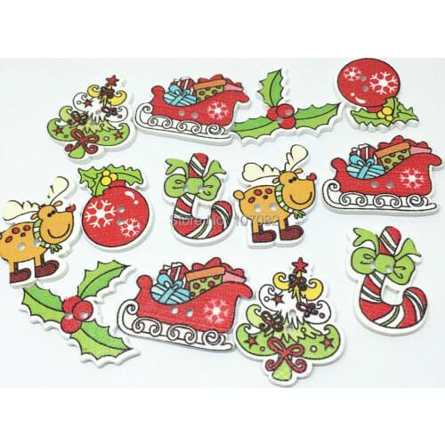 1000pcs 6 Different Shapes Mixed Wood Christmas Buttons 2 Holes Xmas Tree Reindeer Holly Button 25-30mm Embellishments