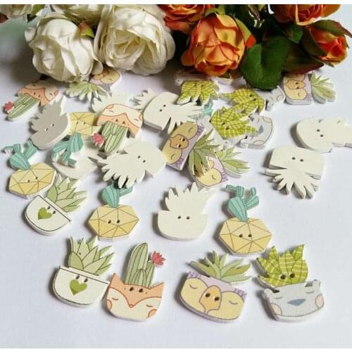 50pcs Mixed 2 Holes Pattern Cartoons cactus Shape Wood Sewing Buttons Scrapbooking Wooden Buttons Flatback