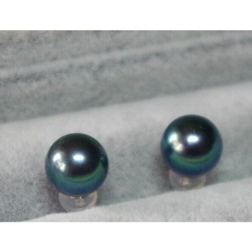 Free shipping elegant pair of AAA++10-11mm tahitian black green round pearl earring