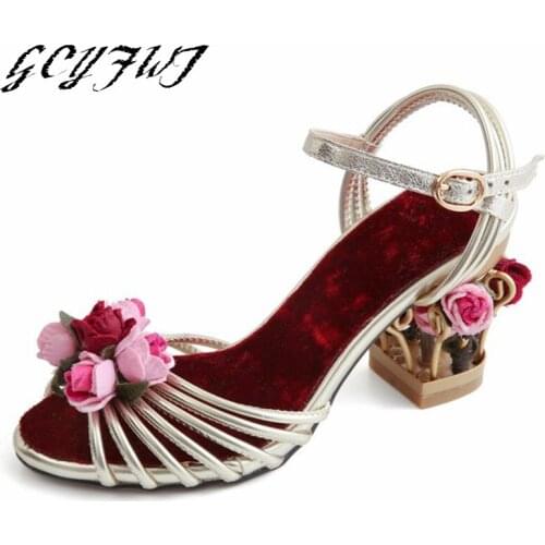 Women Sandals Summer Retro Flower Sweet Princess Hollow Fashion Open-toed Birdcage With Women Shoes Buckle Sexy Zapatos De Mujer