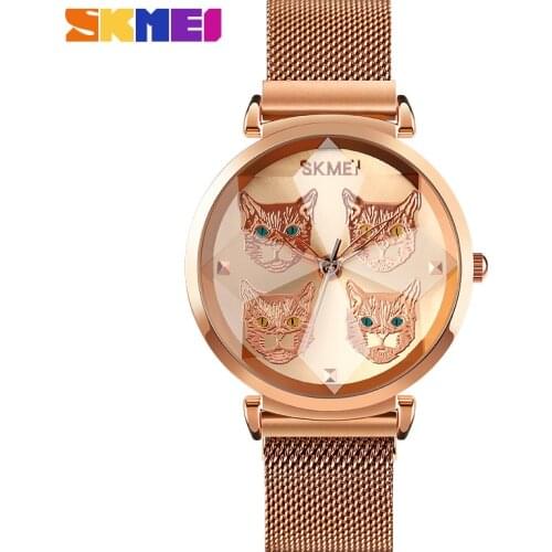SKMEI 1767 Creative Cartoon Cat Dial Women Ladies Quartz Watches Top Brand Mesh Steel Strap Female Wrist Watch Relogio Feminino