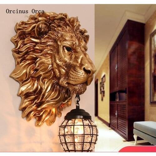 European style retro gold lion head wall lamp living room background wall corridor luxury atmosphere led lion crystal wall lamp