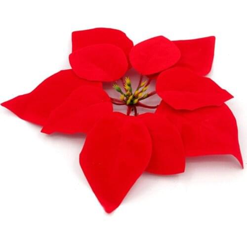 JAROWN Artificial Red Christmas Flowers Flannel Poinsettia Flower Head Silk Velvet Red Flores Christmas tree decor