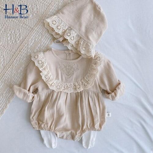 Humor Bear Baby Clothes Set New Spring Autumn Long Sleeve Jumpsuit+ Lace Patchwork Hat 2Pcs Toddler Baby Clothes