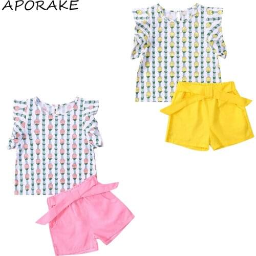 2021 3-8Y Summer Kids Baby Girl Clothing Cartoon Pineapple Print Sleeveless Top Blouse+Bow Solid Shorts 2pcs Outfits Set