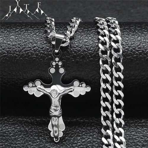 Stainless Steel Catholic Wings Jesus Small Necklace Pendant Women/Men Silver Color Chain Necklaces Jewelry collier N8000S05