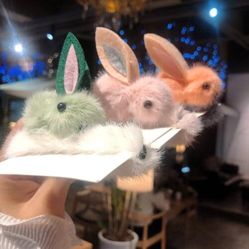 Cute Gray Pink Green Orange Bunny Fluffy Cloth Rubber bands Ponytail Holder Headwear For Women Headbands Elastic Hair Bands