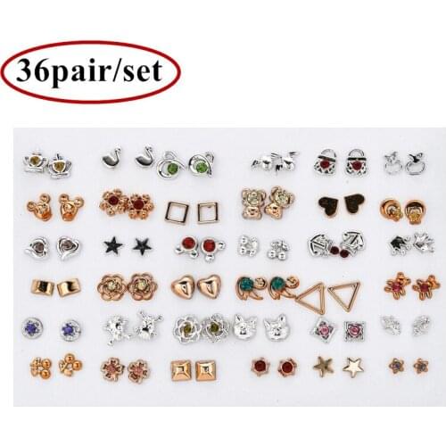 36Pairs Randomly Mixed Silver Color Women Butterfly Bowknot Flower Heart Small Plastic Stud Earrings Sets For Girl Jewelry Party